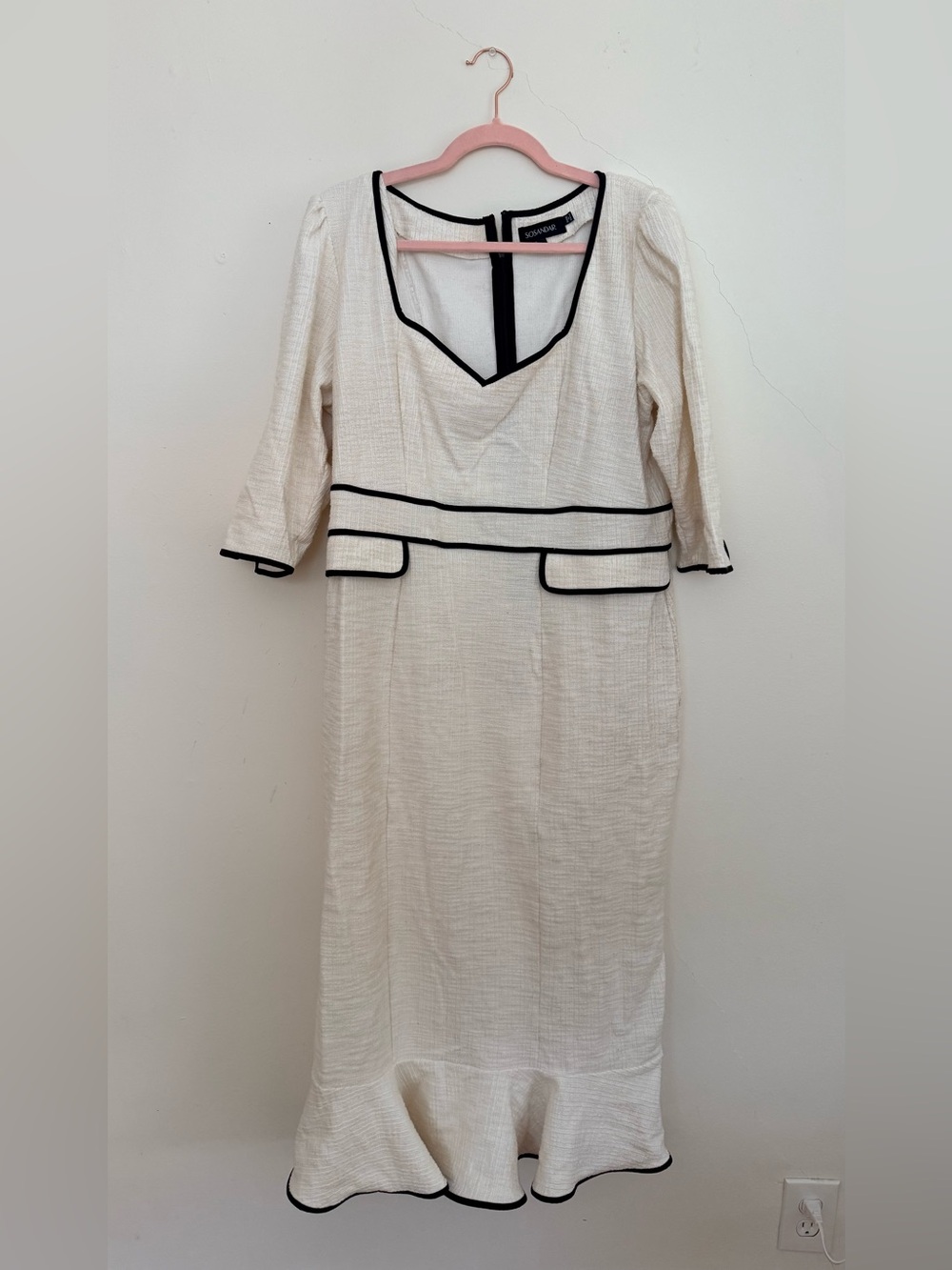 Sosander Ivory Midi Dress with Black Piping